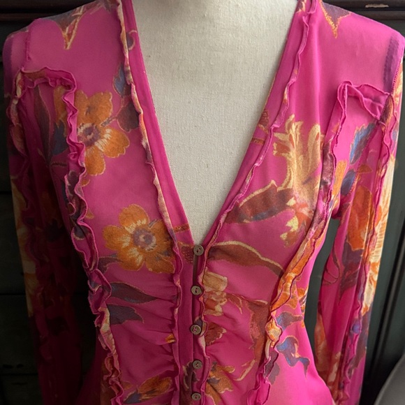 Free People| Pink Floral Sheer Button-Up Top - Picture 7 of 8